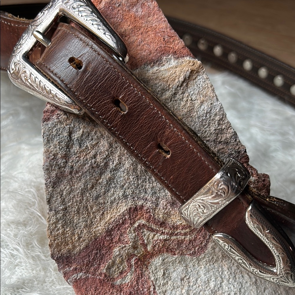 Vtg (1998) Brown Leather Belt with Silver Buckle & Detailing